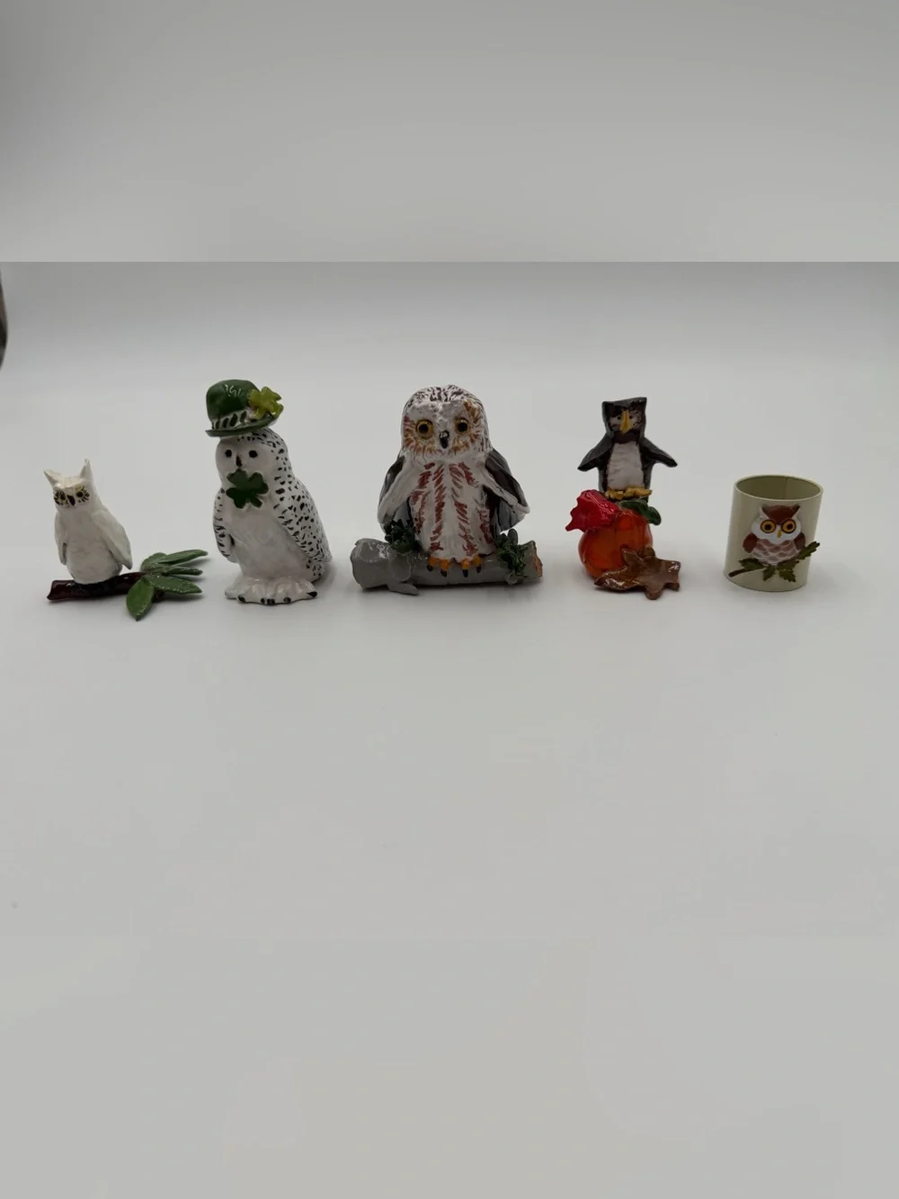 Vintage collection of five small, hand-painted ceramic/porcelain owl figurines